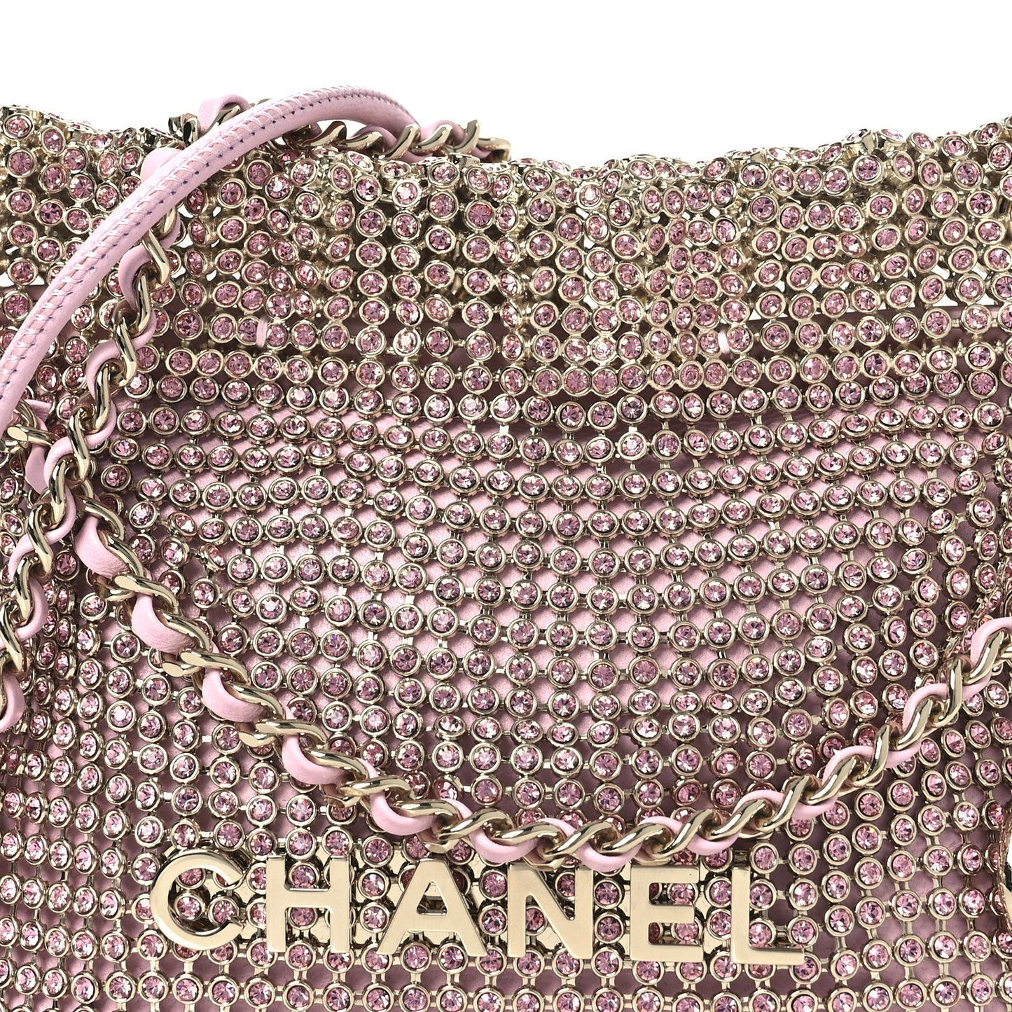 Crystal Embellished Metallic Lambskin Mini Chanel 22 Pink