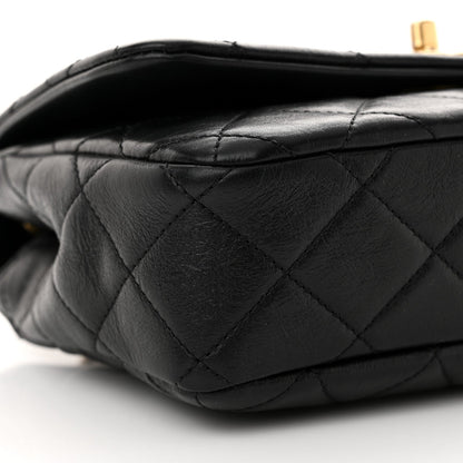 Glazed Calfskin Quilted Pearl Side Flap Black
