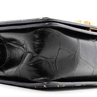 Calfskin Crocodile Embossed Graffiti Cocodile Medium Boy Flap Black