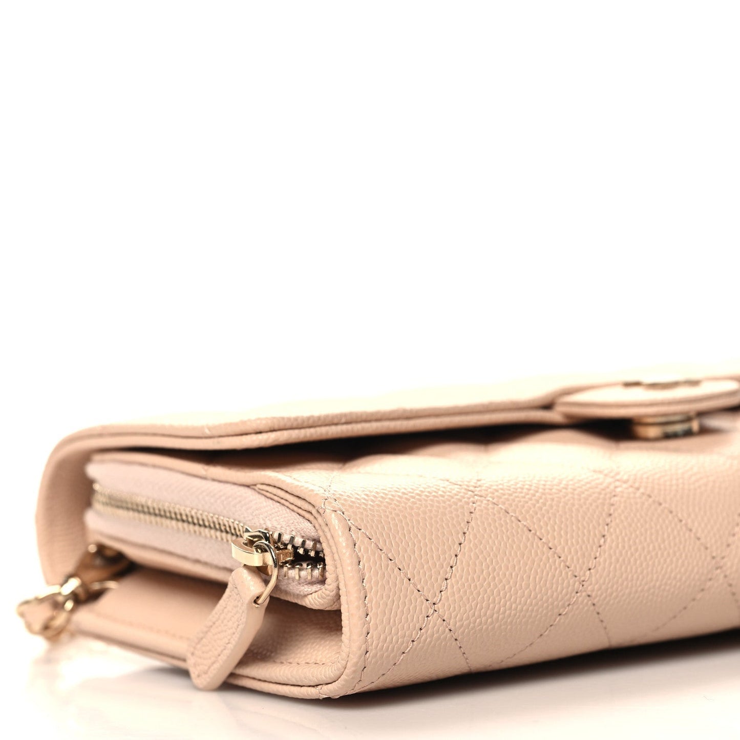 Caviar Quilted Phone Holder Wallet on Removable Chain Light Beige