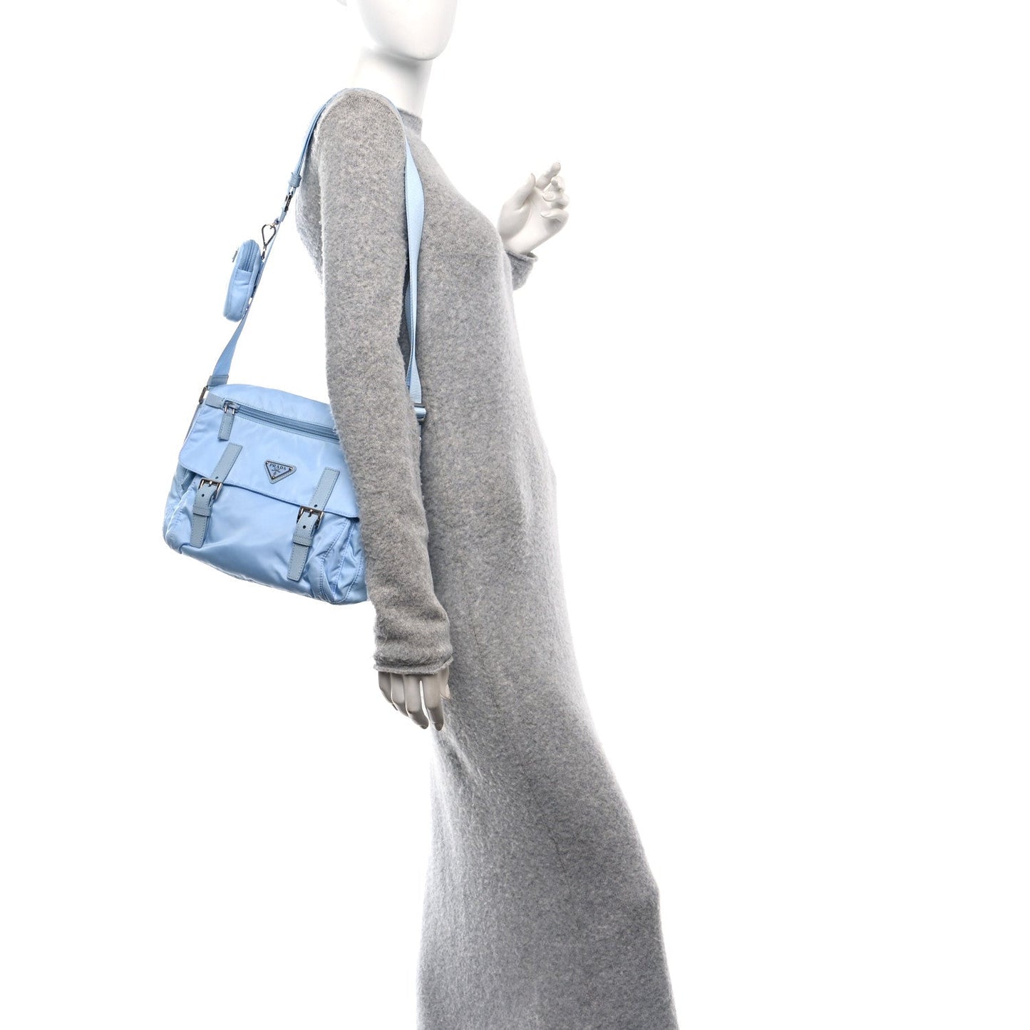 Re-Nylon Vela Saffiano Pocket Double Buckle Messenger Shoulder Bag Celeste