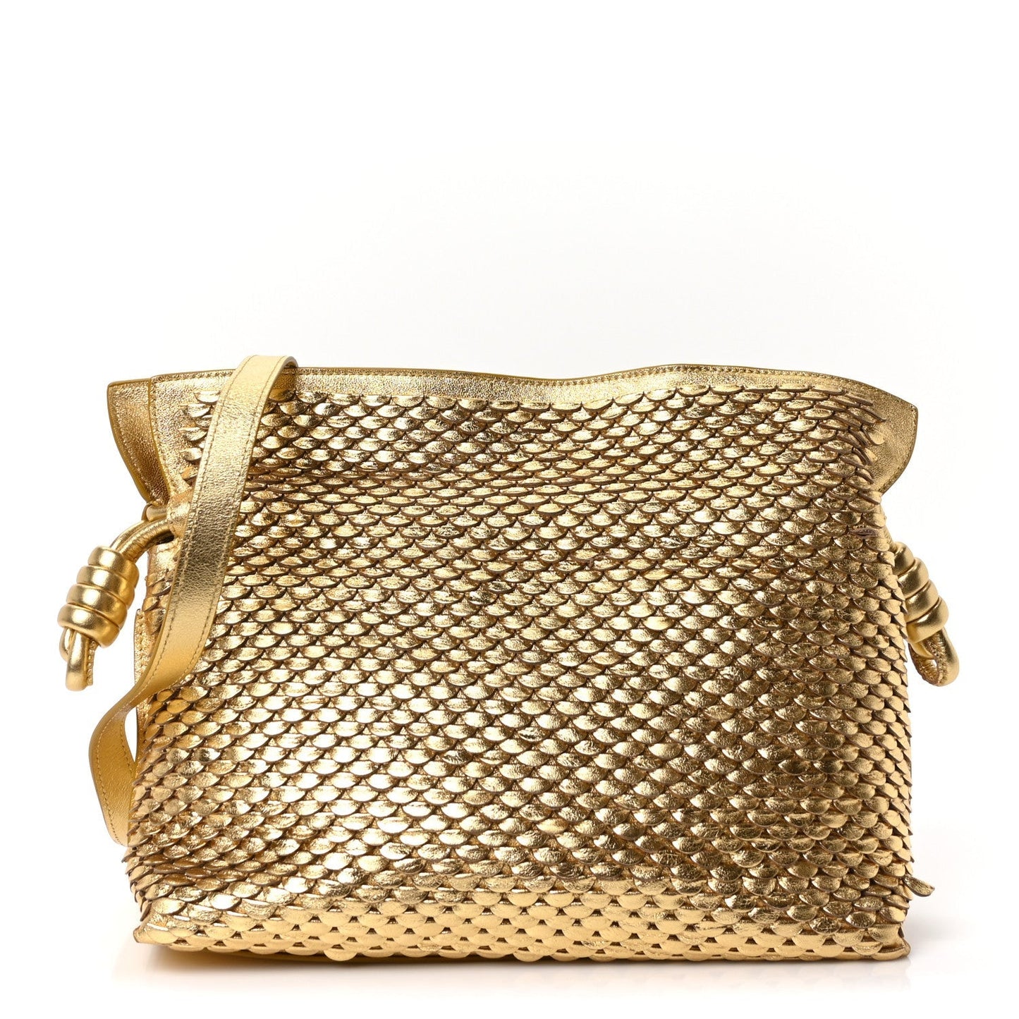 Metallic Laminated Lambskin Medium Scale Flamenco Knot Clutch Gold