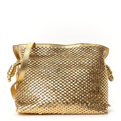 Metallic Laminated Lambskin Medium Scale Flamenco Knot Clutch Gold