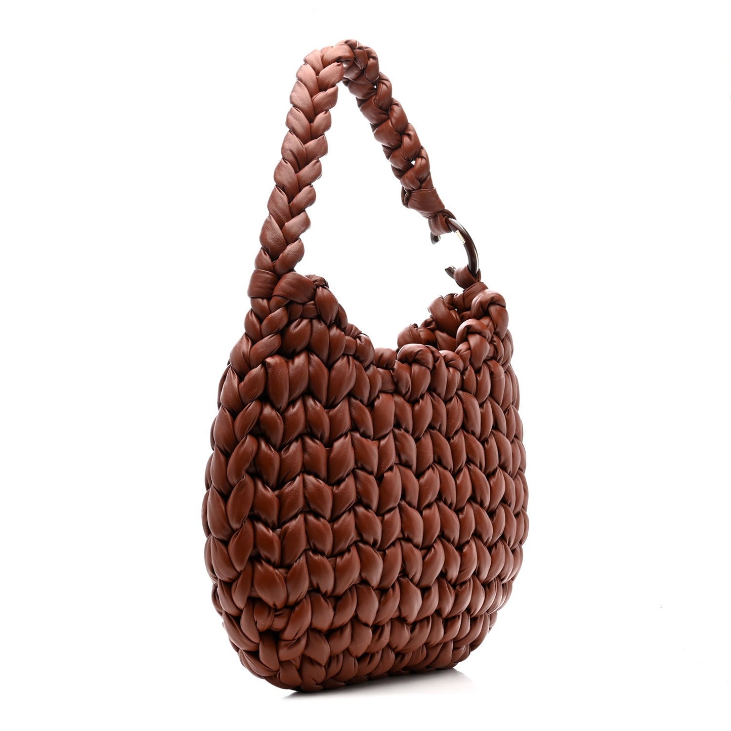 Lambskin Woven Wooden C Shoulder Bag Sepia Brown