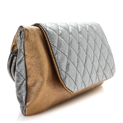 Metallic Goatskin Quilted Frame Clasp Flap Clutch Silver Gold