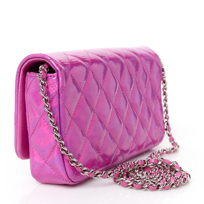 Iridescent Mirror Goatskin Quilted Clutch With Chain Pink