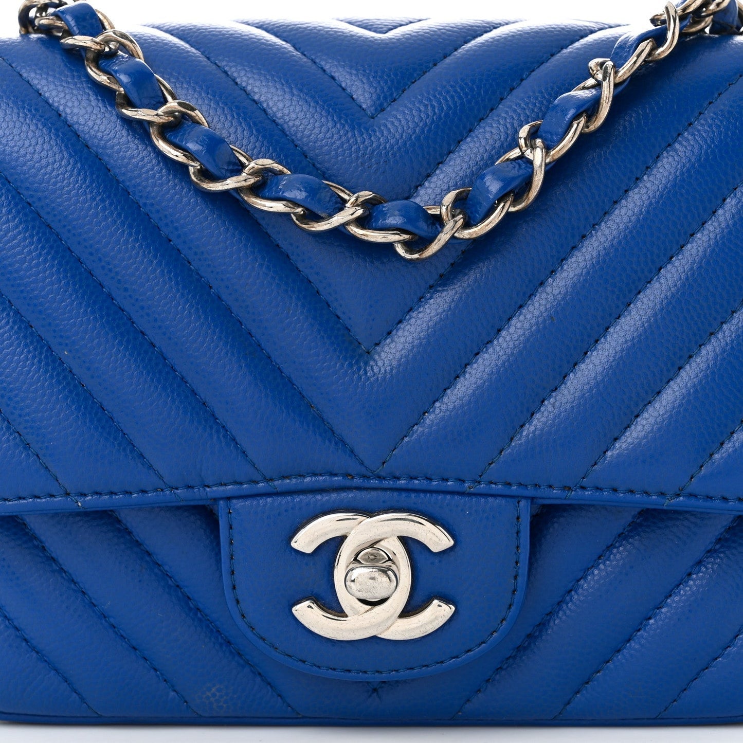 Caviar Chevron Quilted Mini Square Flap Blue