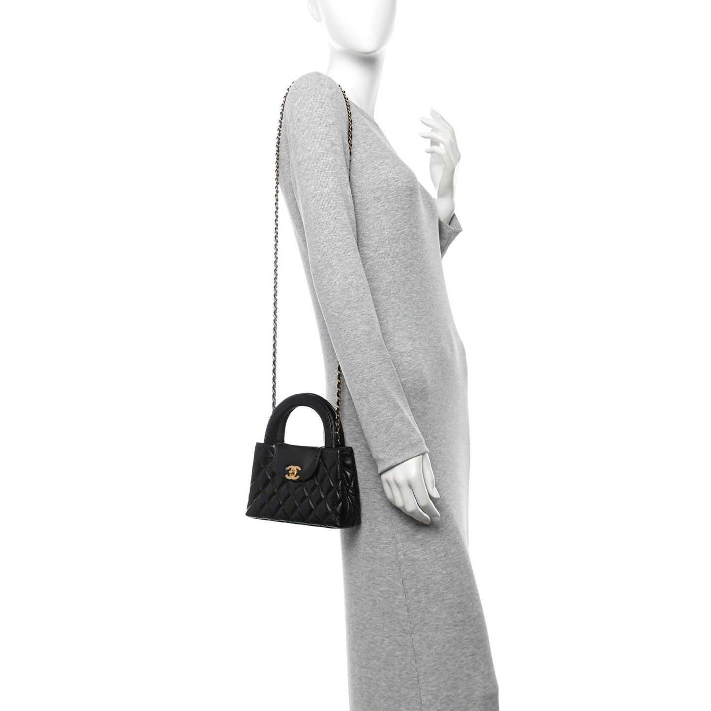 Shiny Aged Calfskin Quilted Nano Kelly Shopper Black