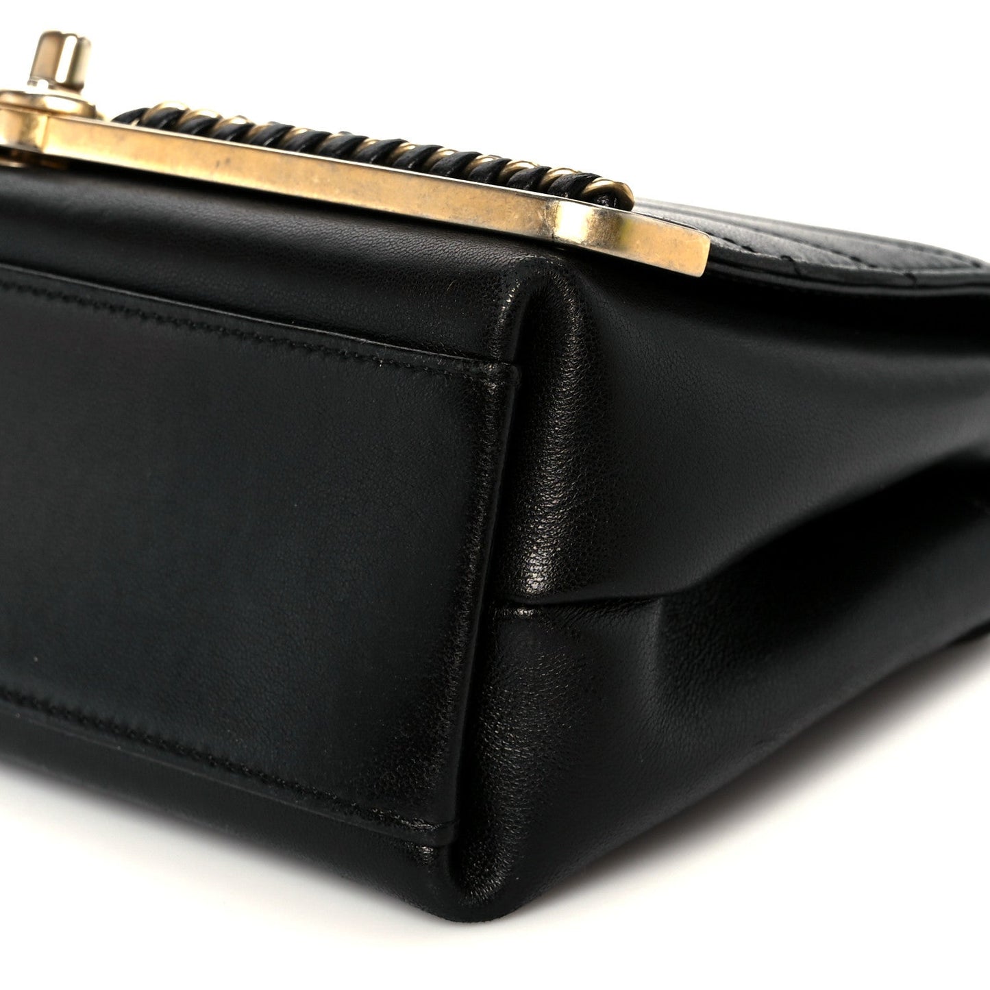 Sheepskin Chevron Stitched Chain Top Handle Flap Black
