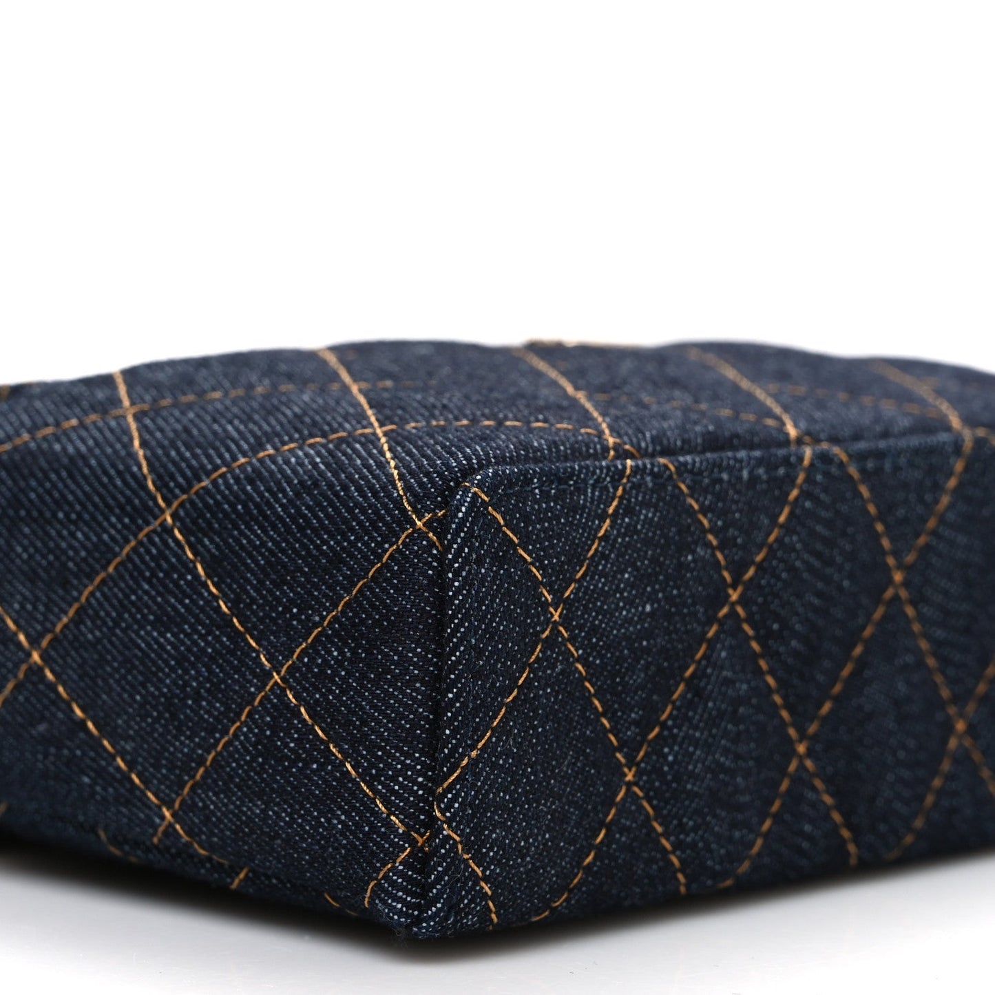 Denim Quilted Top Handle Slim Vanity Case With Chain Dark Blue Orange
