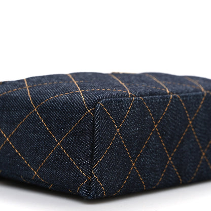 Denim Quilted Top Handle Slim Vanity Case With Chain Dark Blue Orange