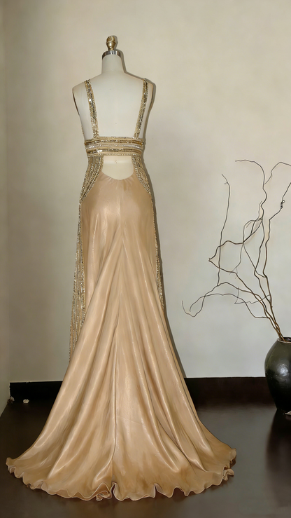 Gorgeous Sleeveless Beaded Champagne Evening Dresses Long Mermaid Party Dress SP1685