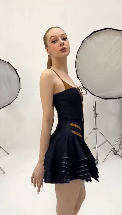 Dark blue suspenders waist slim hot girl sexy cake skirt homecoming dress R4391