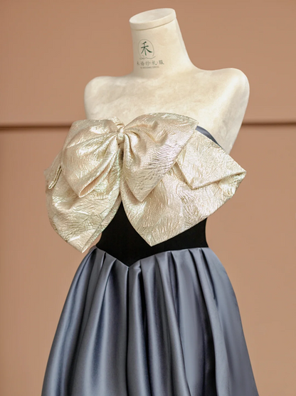 Black top with apricot bow neckline and gray skirt, long ball gown R8374
