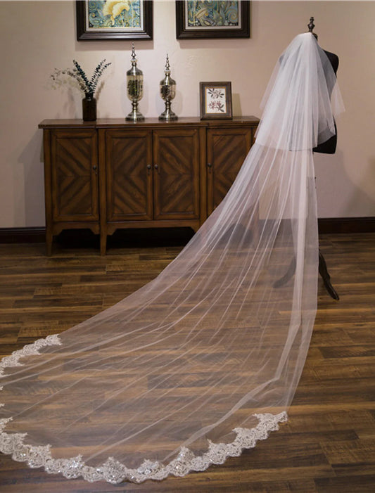 - Double layer lace wedding dress cathedral veil with sequins/embroidery chiffon dress leaving a deep impression in 2026