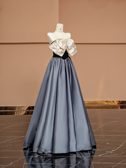 Black top with apricot bow neckline and gray skirt, long ball gown R8374
