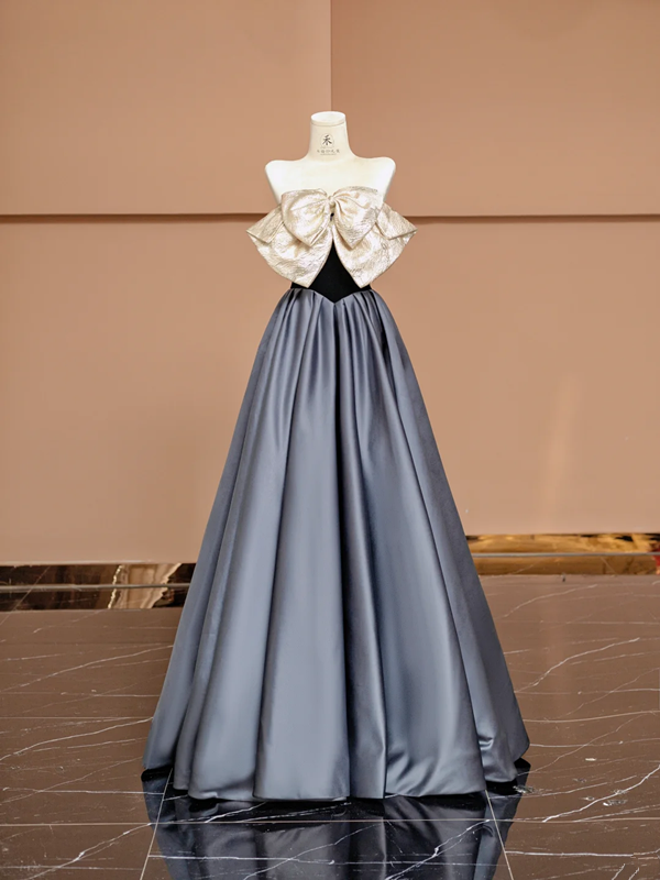 Black top with apricot bow neckline and gray skirt, long ball gown R8374
