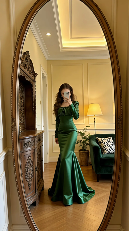 Green square neckline, fitted waist, slimming and sexy long ball gown R8616