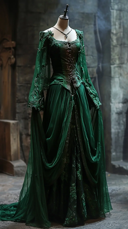 Green square neckline fitted waist slim-fit classic elegant long ball gown R7205