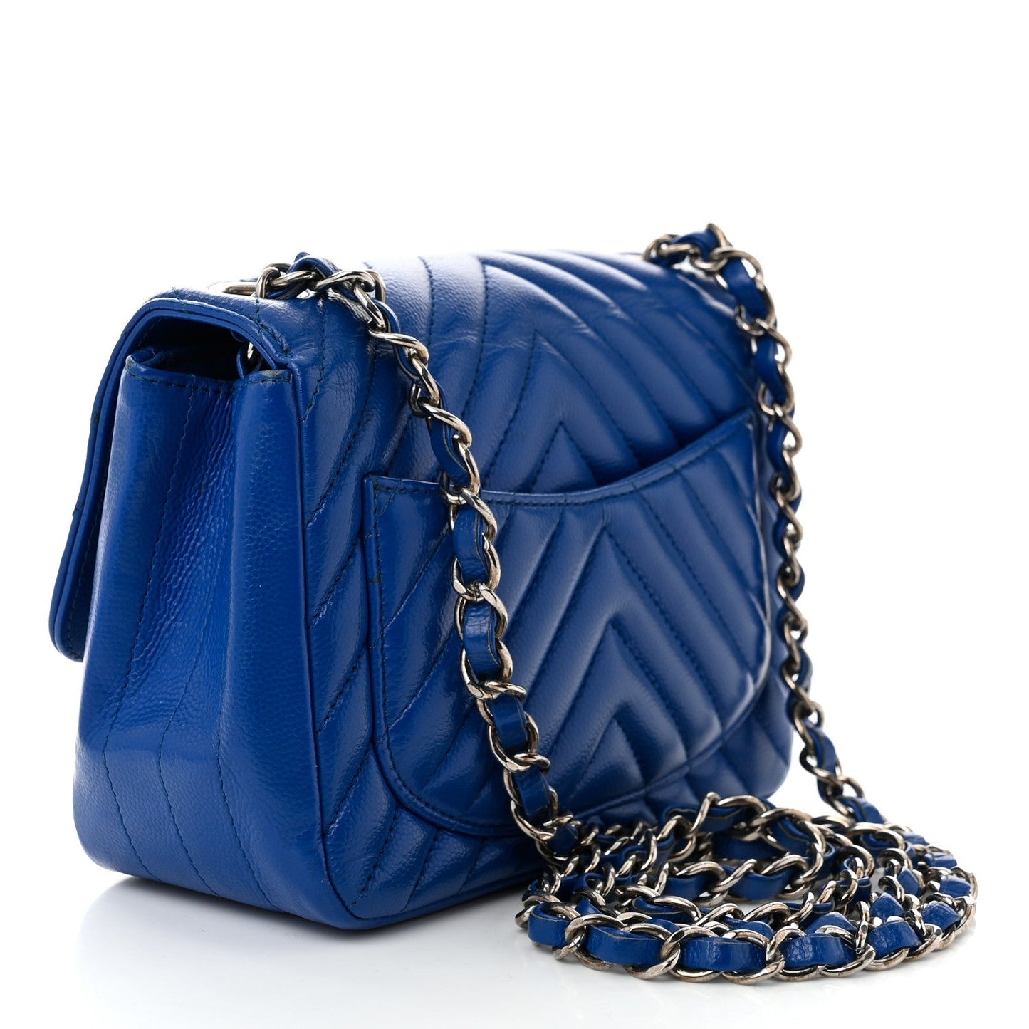 Caviar Chevron Quilted Mini Square Flap Blue