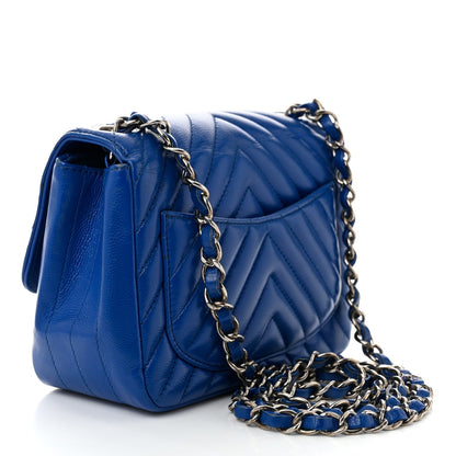Caviar Chevron Quilted Mini Square Flap Blue