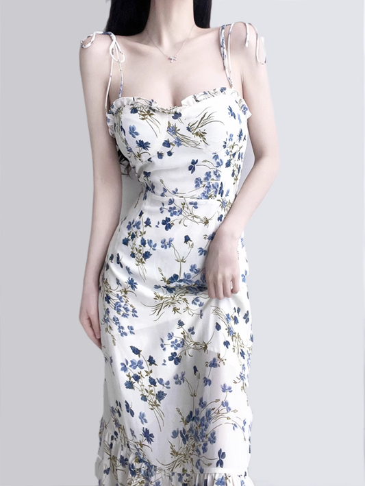 2025 Summer New French Blue Floral Holiday Style Mid-Length Suspender Dress R0923