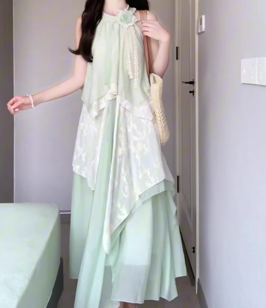Green sleeveless halter dress irregular gentle temperament loose beach dress R0705