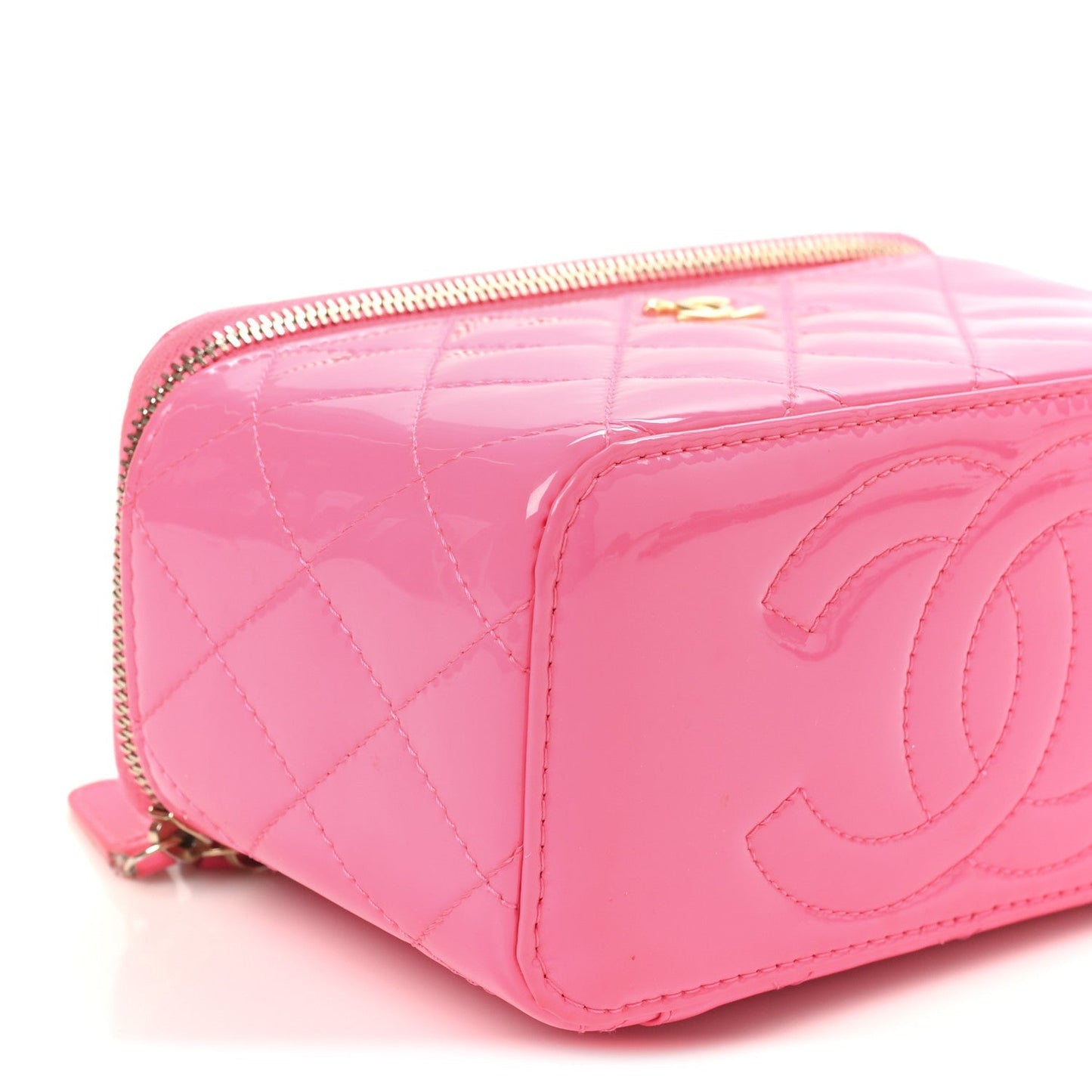 Patent Quilted Pearl Crush Small Vanity Case With Chain Neon Pink