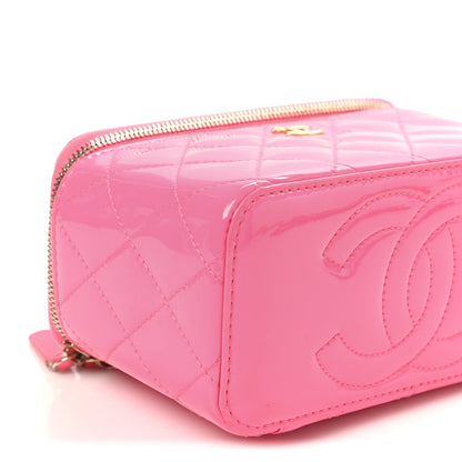 Patent Quilted Pearl Crush Small Vanity Case With Chain Neon Pink