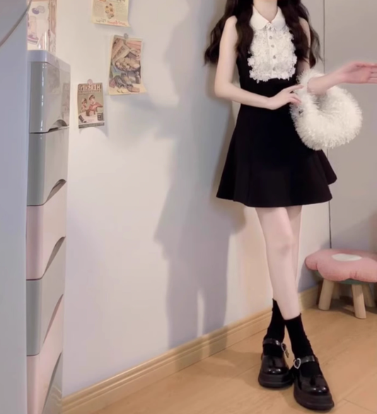 High-grade black sleeveless vest dress with lace waist and a-line tutu skirt R0755