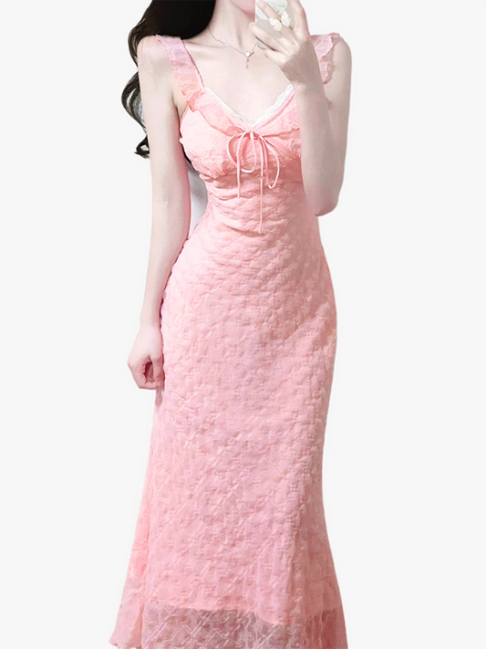 2025 Summer New French Pink Gentle Style Mermaid Princess Plaid Dress R0966