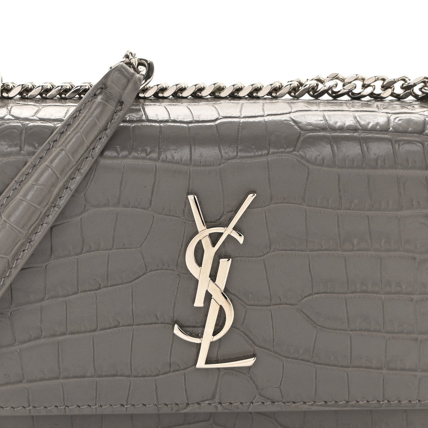Calfskin Crocodile Embossed Monogram Sunset Chain Wallet Fog