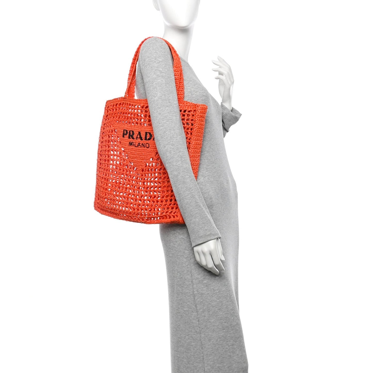 Yarn Raffia Effect Crochet Logo Embroidered Tote Bag Arancio