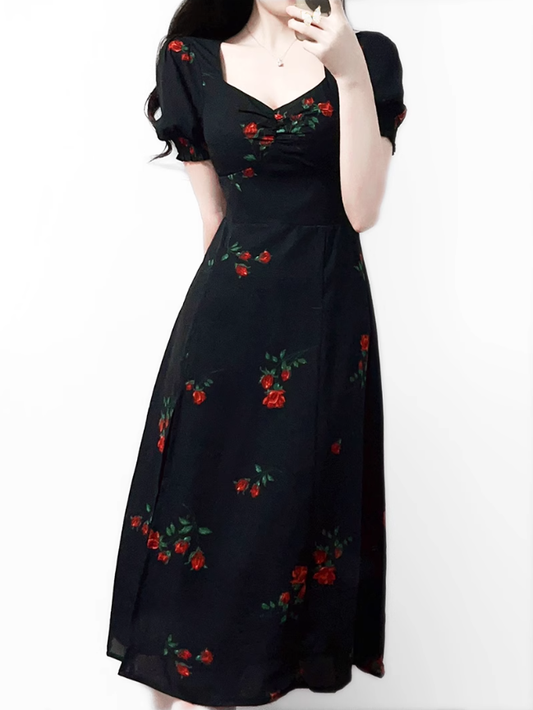 2025 Summer New French Retro Square Neck Black Floral Puff Sleeve Dress R0908