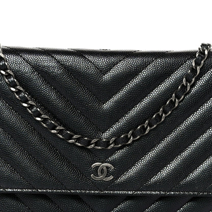 Iridescent Caviar Chevron Quilted Wallet On Chain WOC Black