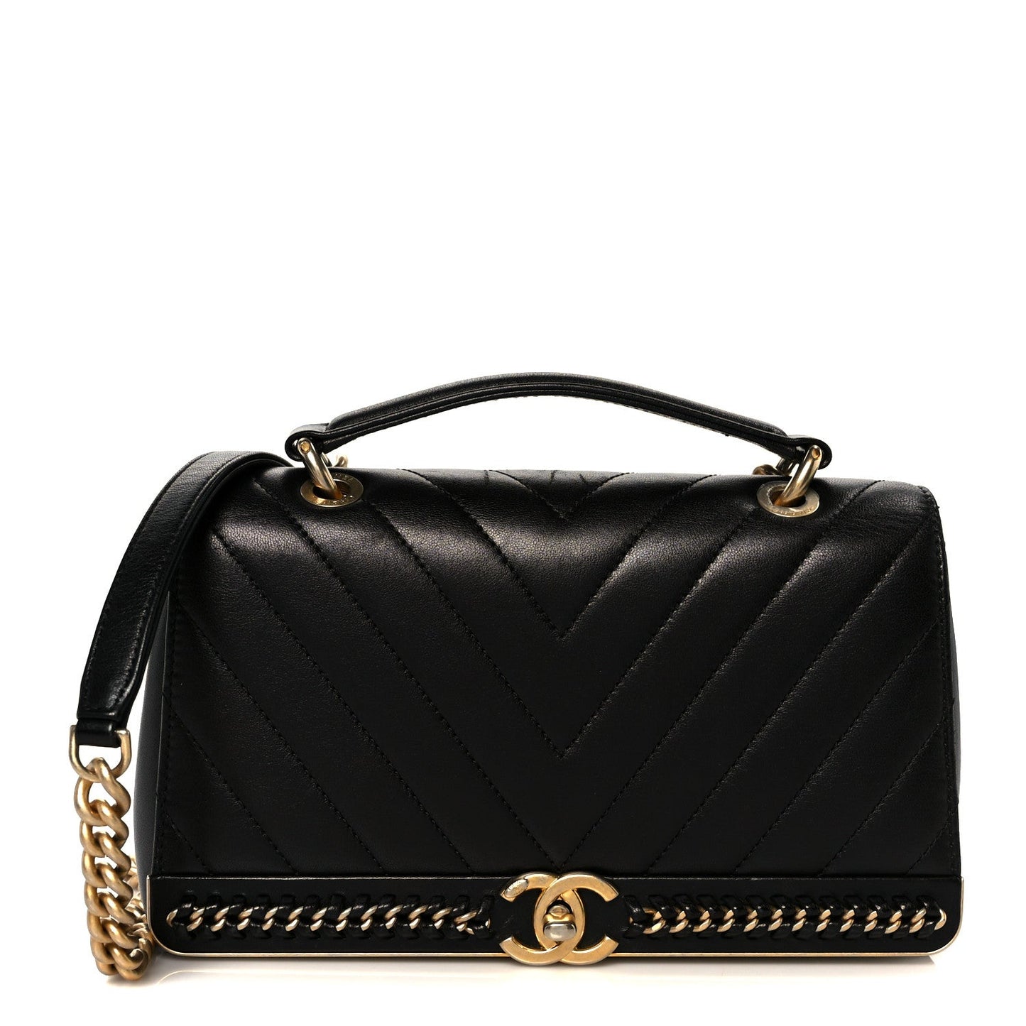 Sheepskin Chevron Stitched Chain Top Handle Flap Black