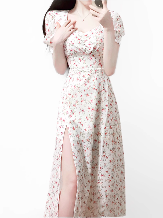 2025 summer new French pink floral girl age-reducing waist long dress R0921