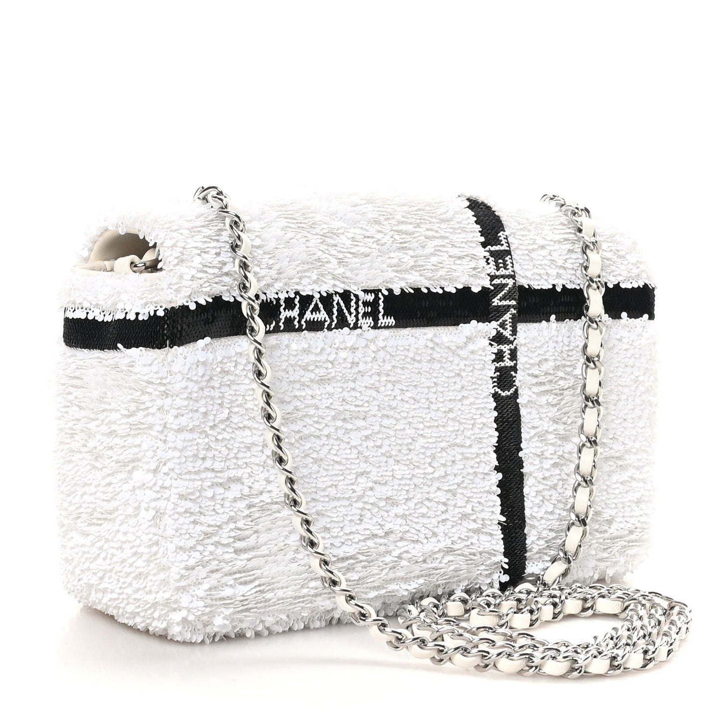 Sequin Ribbon Mini Rectangular Flap White Black