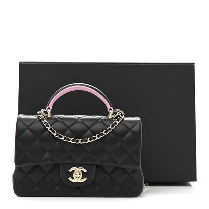 Lambskin Quilted Bi-Color Mini Top Handle Rectangular Flap Black Lilac
