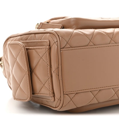 Shiny Crumpled Lambskin Quilted Medium Preppy Pocket Camera Case Brown