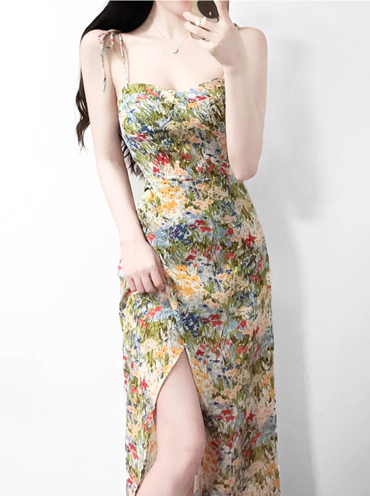 2025 summer new high waist oil painting slim waist floral holiday suspender dress R0931