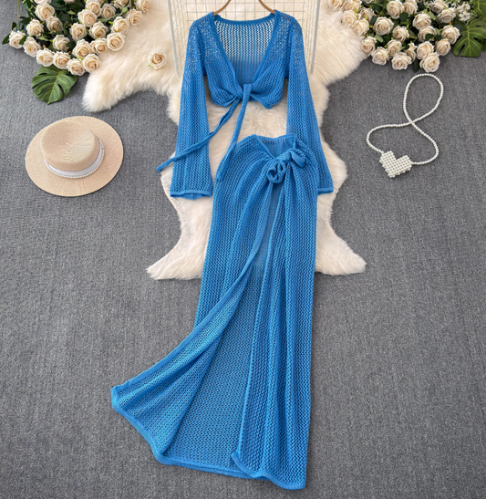 Holiday swimsuit bikini tie waist mesh beach sun protection clothing cover-up two-piece suit R0338