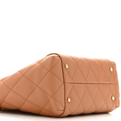 Caviar Quilted Small Shopping Tote Dark Beige