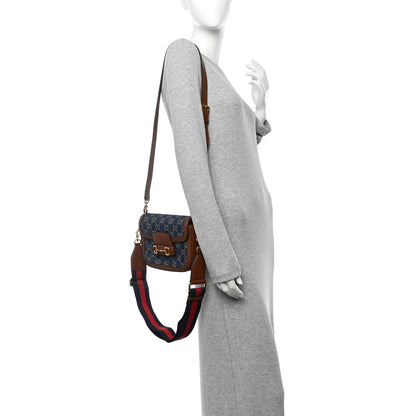 New Denim GG Monogram Dollar Calfskin Web Mini Horsebit 1955 Shoulder Bag Blue Tea Cuir Epilog