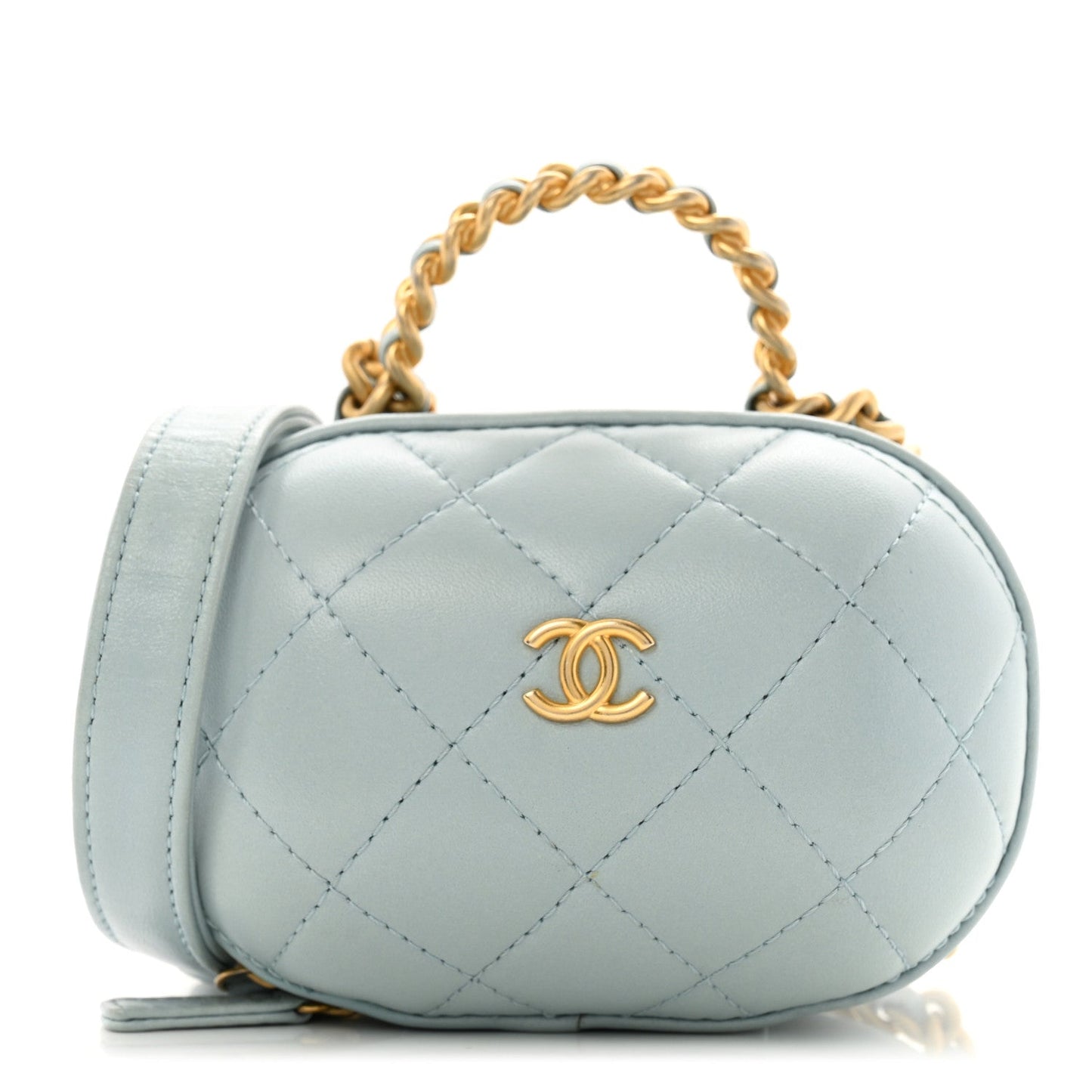 Lambskin Quilted CC Bubble Vanity Case With Chain Light Blue