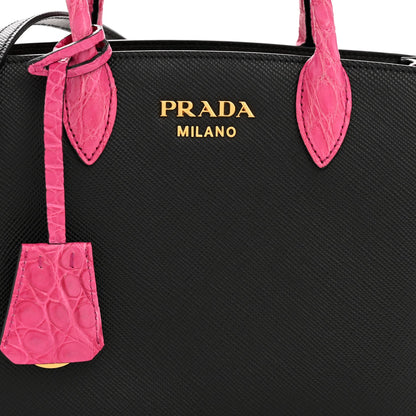 Saffiano Cuir Crocodile Mini Double Bag Black Magenta