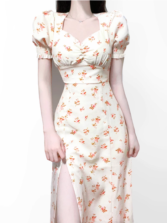 2025 Summer New French Square Neck Puff Sleeve Mid-Length Floral Waist Dress R0928
