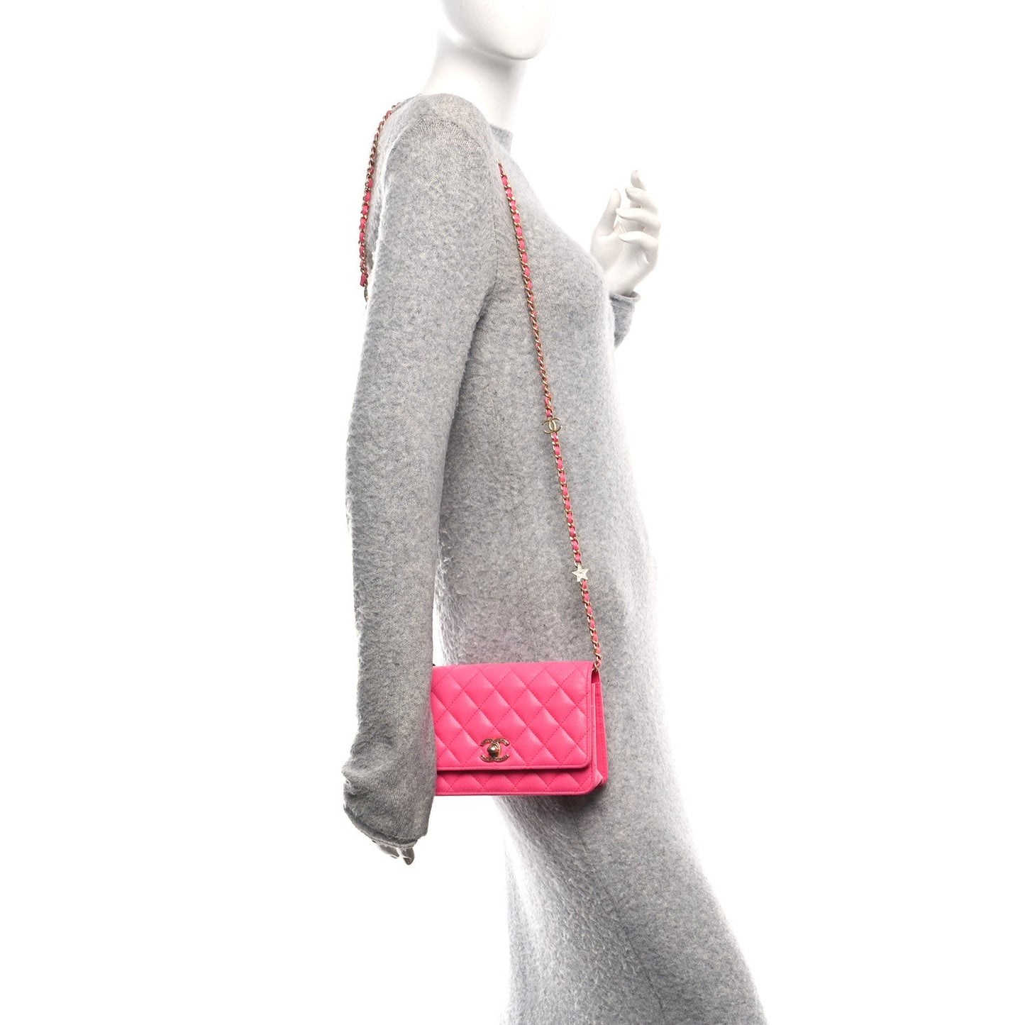 Caviar Quilted Glitter CC Roller Skate Wallet on Chain WOC Pink