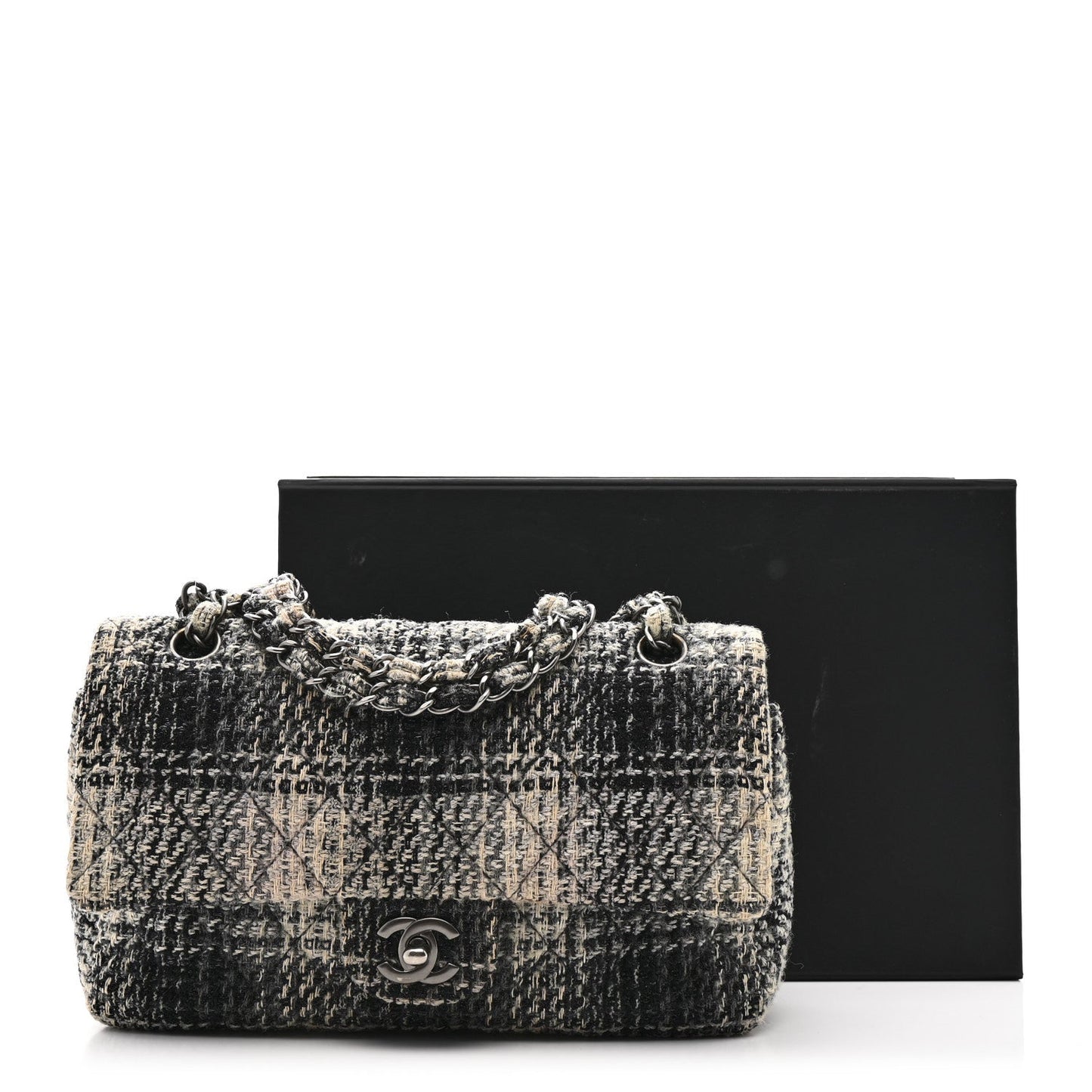 Tweed Quilted Medium Double Flap Beige White Black