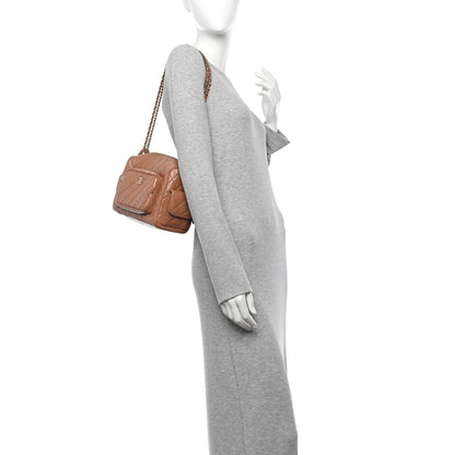 Shiny Crumpled Lambskin Quilted Medium Preppy Pocket Camera Case Brown